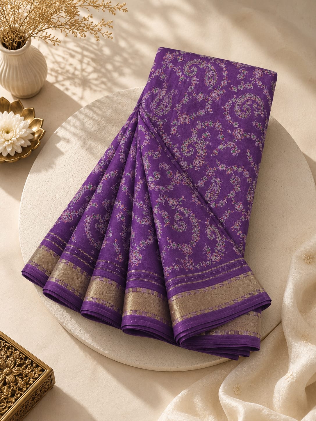 Premium Georgette Saree - Self floral design with golden Zari border