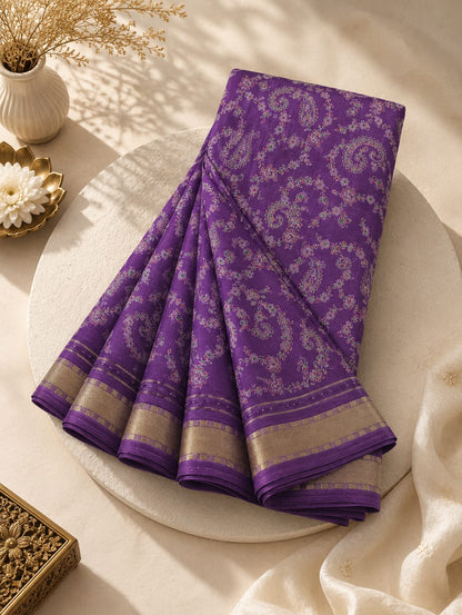 Premium Georgette Saree - Self floral design with golden Zari border