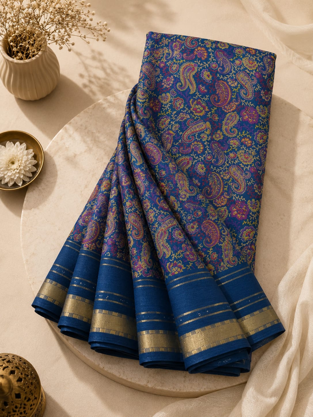 Premium Georgette Saree - Self floral design with golden Zari border