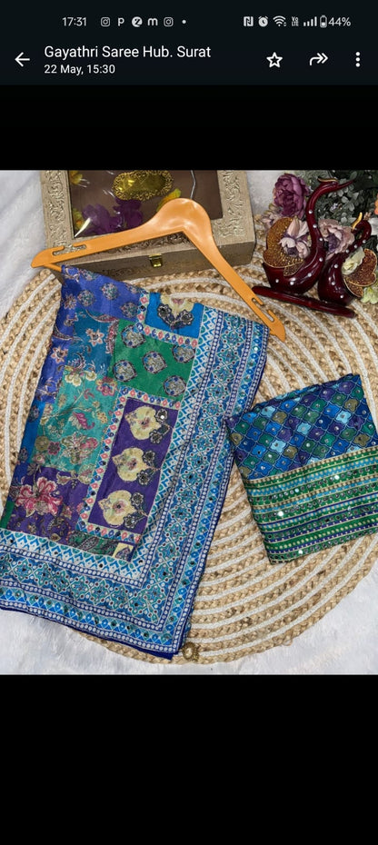 georgette digital print sarees with work &amp; original mirror work