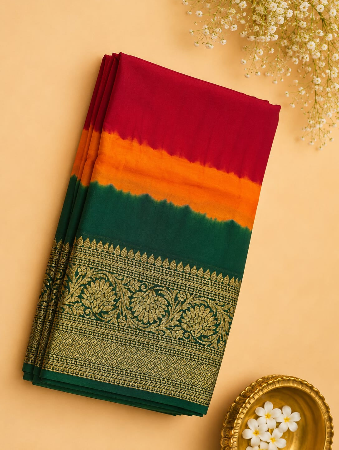 Kanjivaram 3D saree green and marron