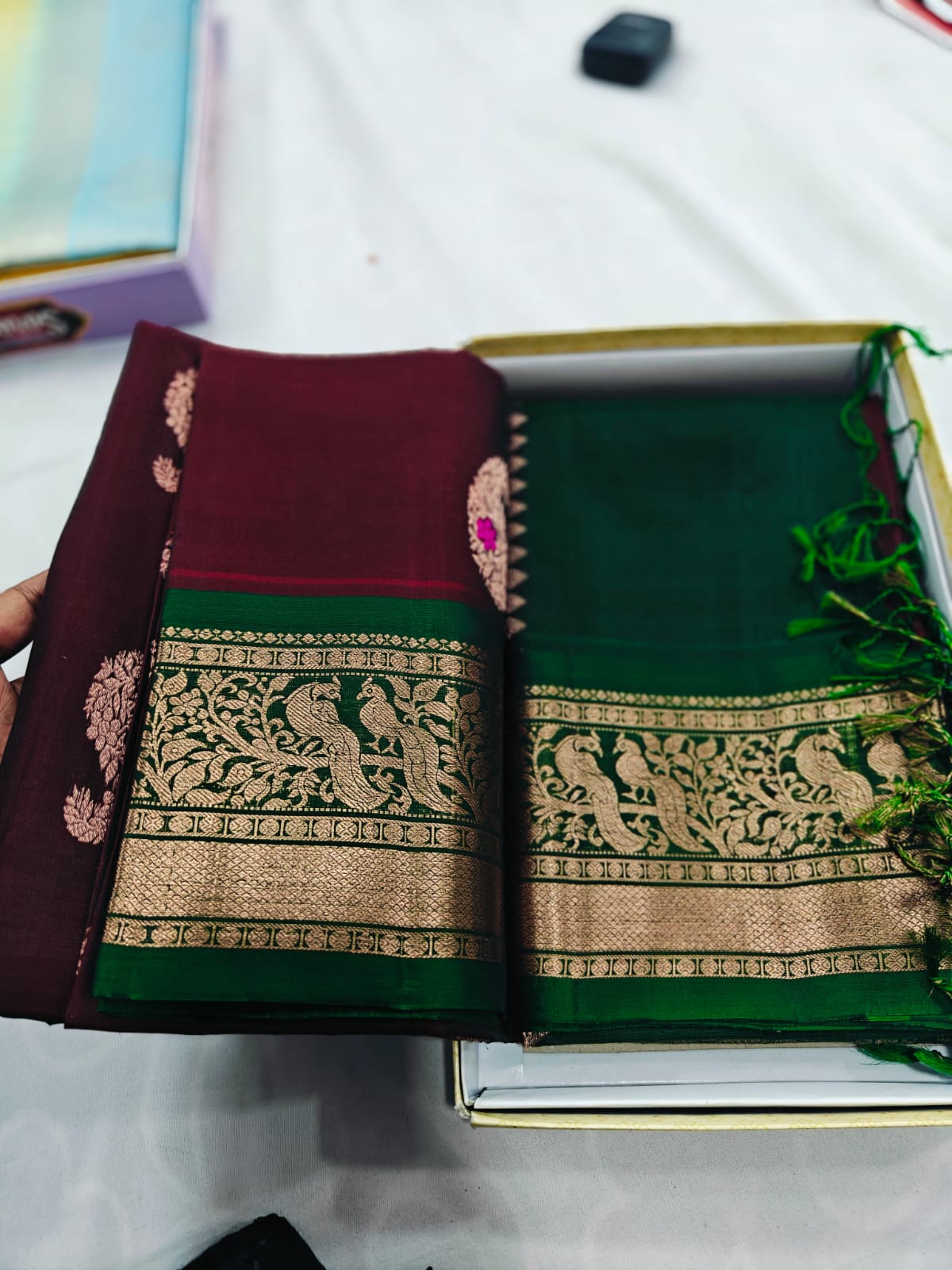 Silk Saree with Gold Zari Peacock Border