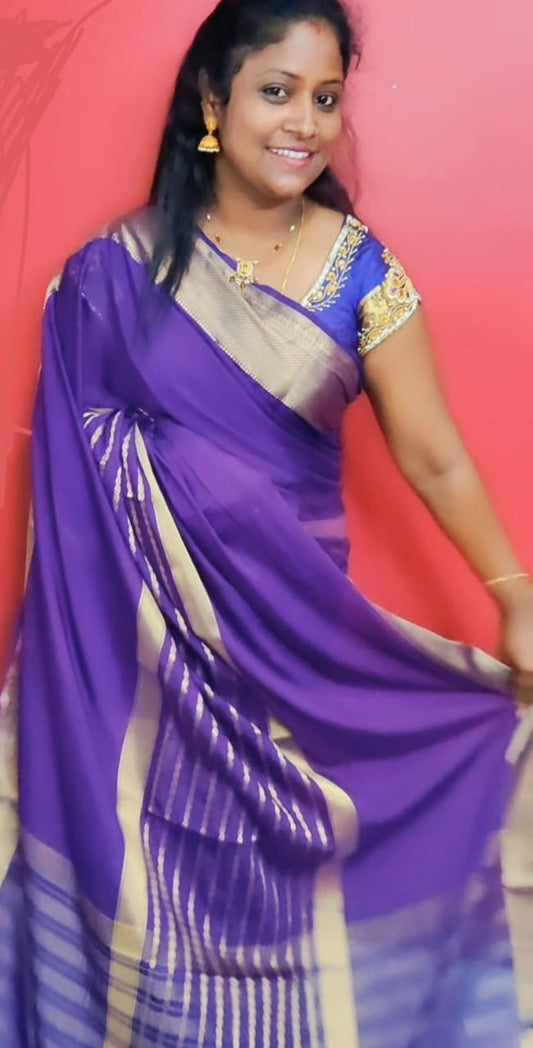 Classic Purple Silk Saree with Golden Striped Pallu and Zari Border