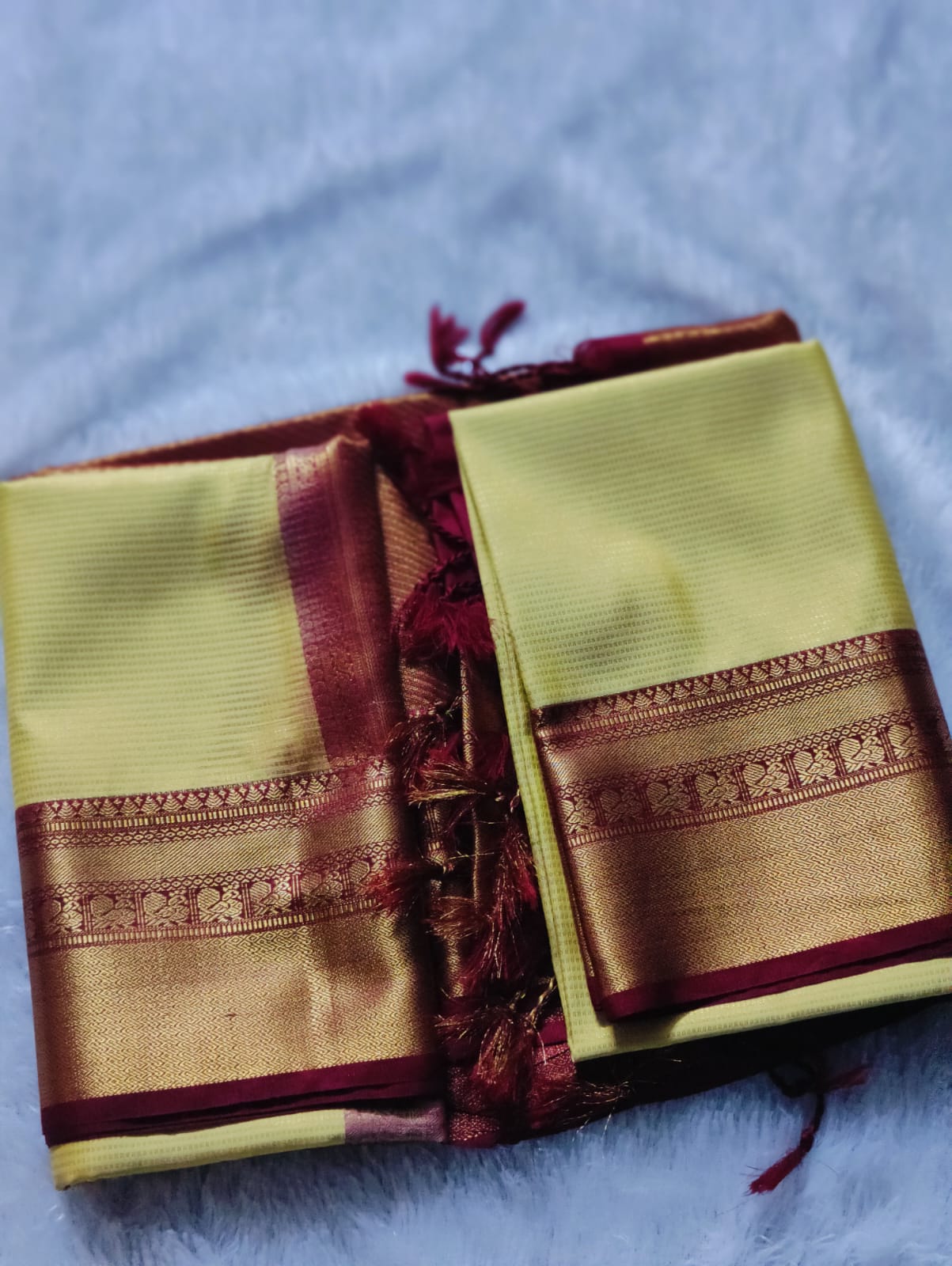 Premium Silk Saree with Zari Border - Mint Green & Maroon