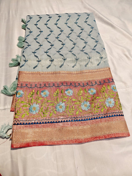 Organza Tissue Saree with Embroidered Floral Pallu & Gold Zari Border