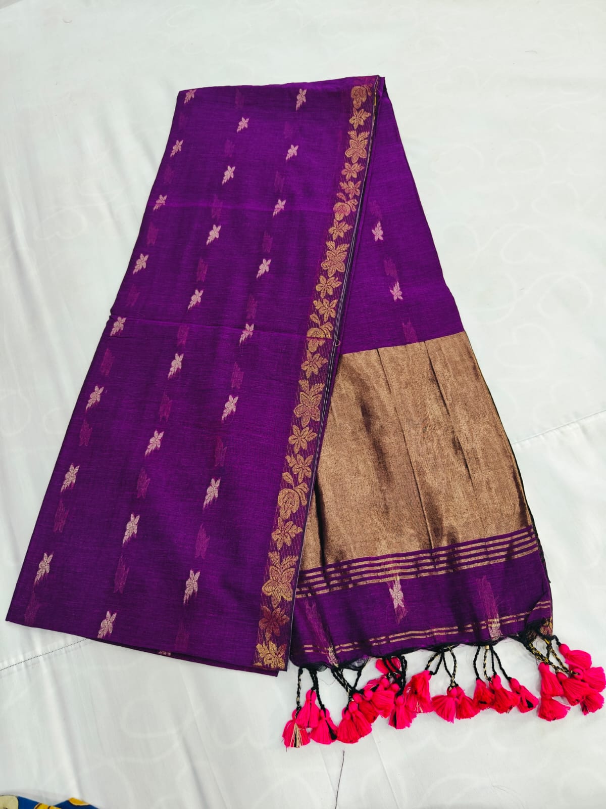 Premium Silk Saree with Golden Zari Border & Tassel Detailing