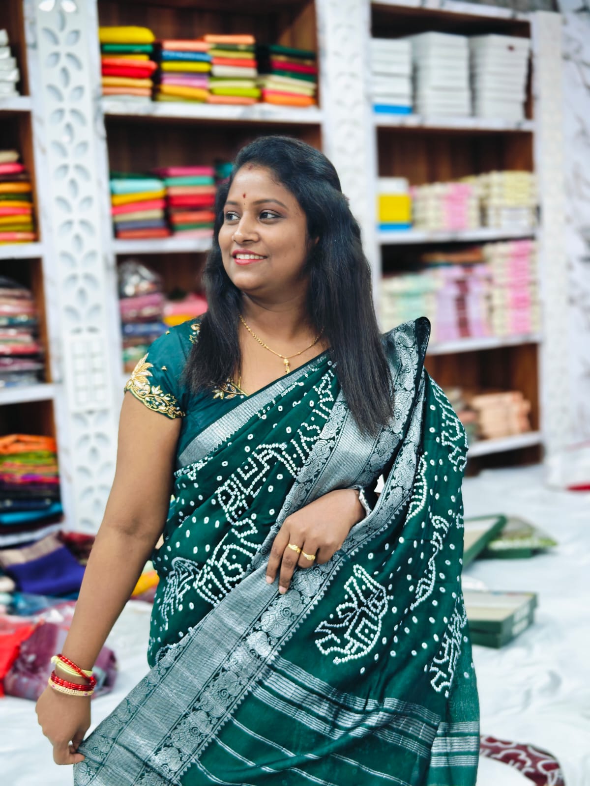 Mangalagiri Bandhini Silk Saree with Silver Zari Border