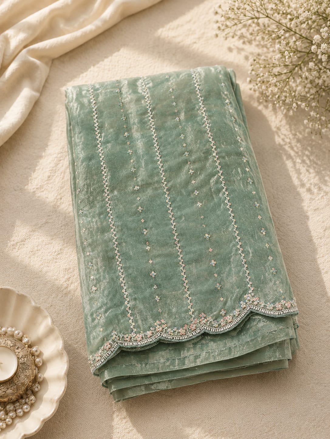 Work Sarees – Sequin Embroidered Scallop Border