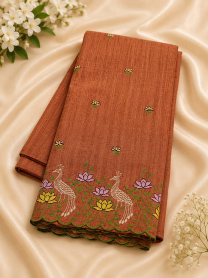 Peacock & Lotus Embroidered Scallop Border Saree