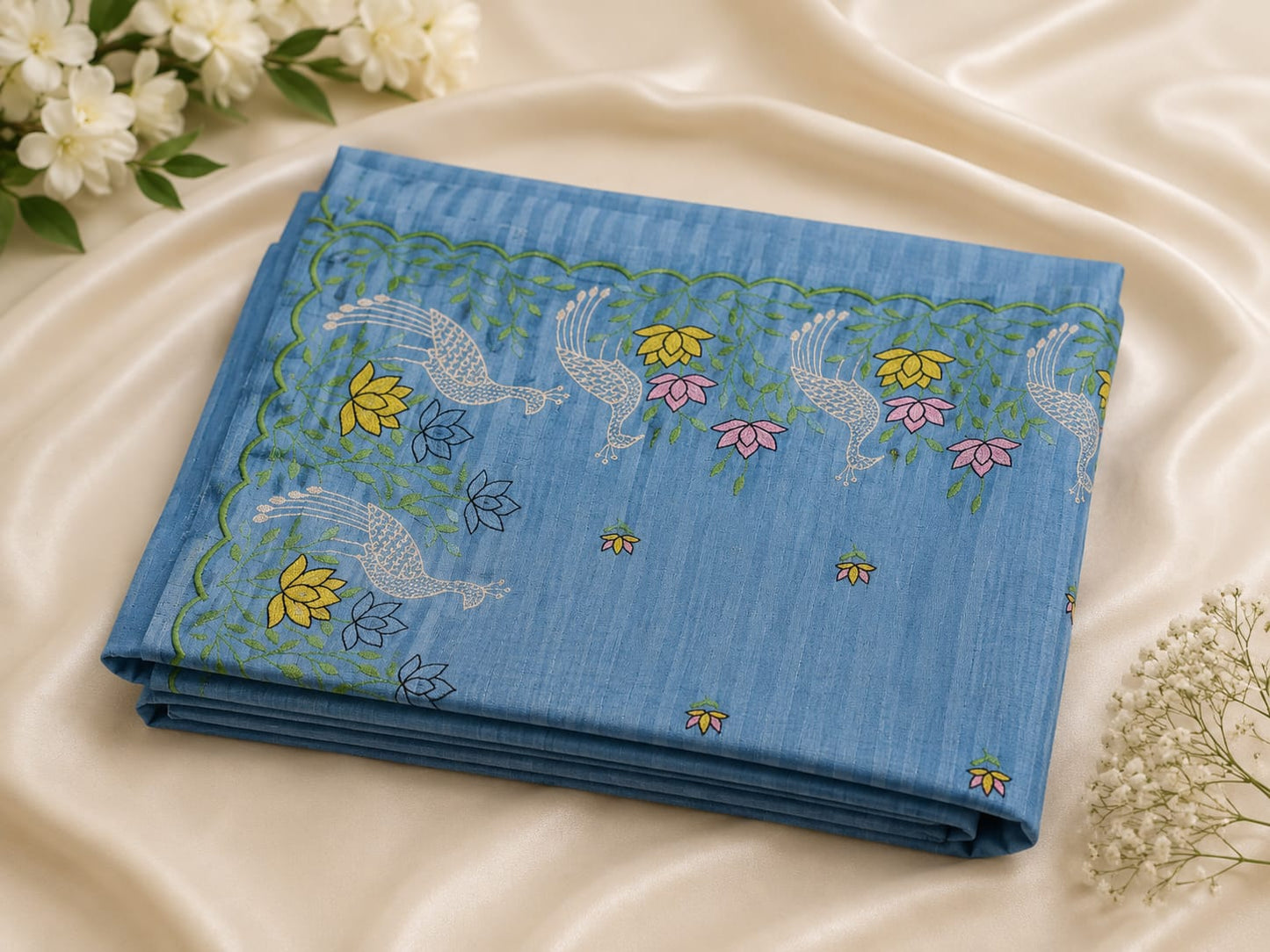 Peacock & Lotus Embroidered Scallop Border Saree