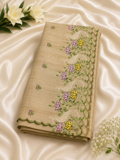 Peacock & Lotus Embroidered Scallop Border Saree