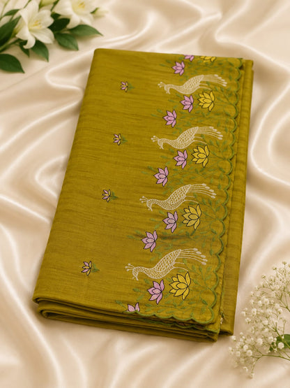 Peacock & Lotus Embroidered Scallop Border Saree