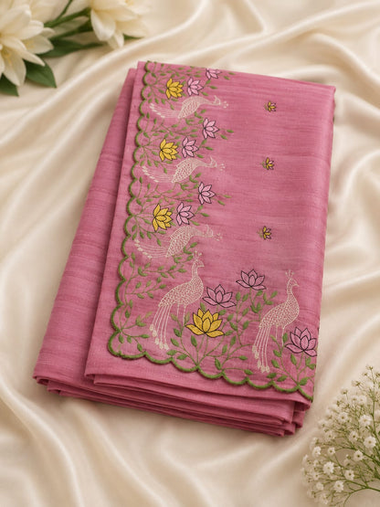 Peacock & Lotus Embroidered Scallop Border Saree