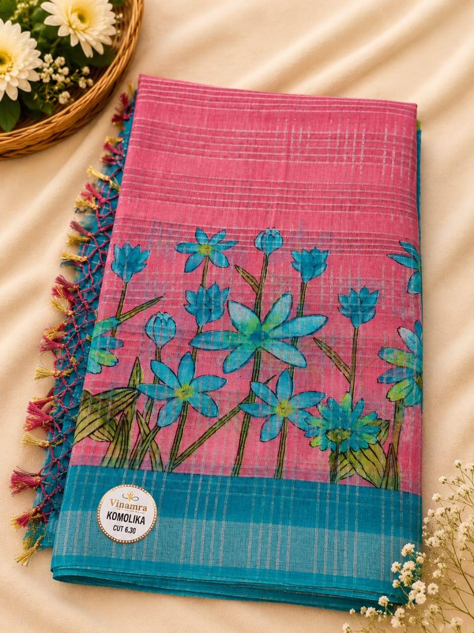 Bold Floral Embroidered Contrast Border Saree