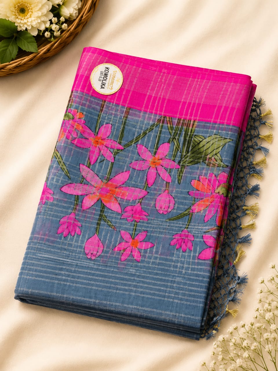 Bold Floral Embroidered Contrast Border Saree