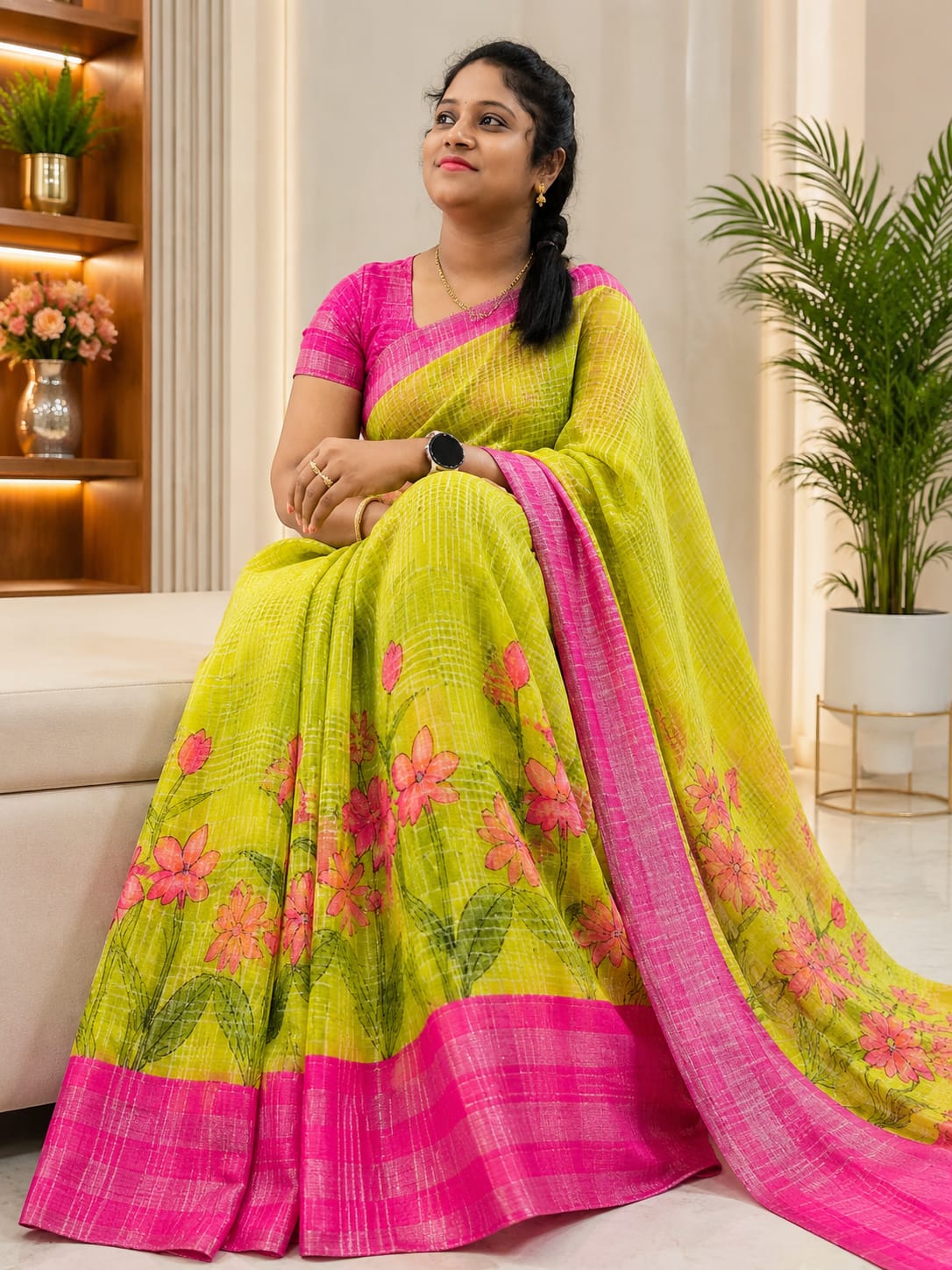 Bold Floral Embroidered Contrast Border Saree