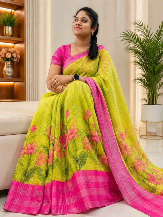 Bold Floral Embroidered Contrast Border Saree