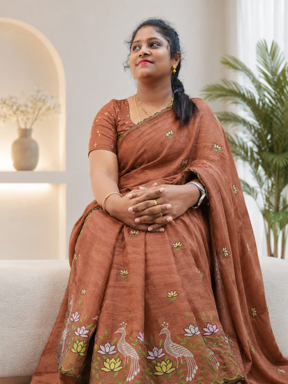 Peacock & Lotus Embroidered Scallop Border Saree