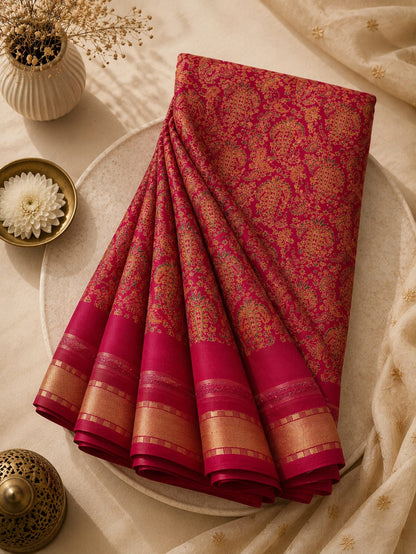 Premium Georgette Saree - Self floral design with golden Zari border