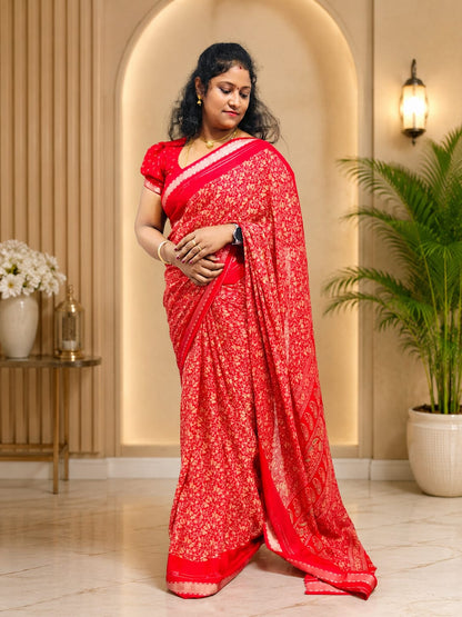 Premium Georgette Saree - Self floral design with golden Zari border
