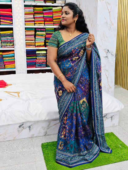 georgette digital print sarees with work &amp; original mirror work