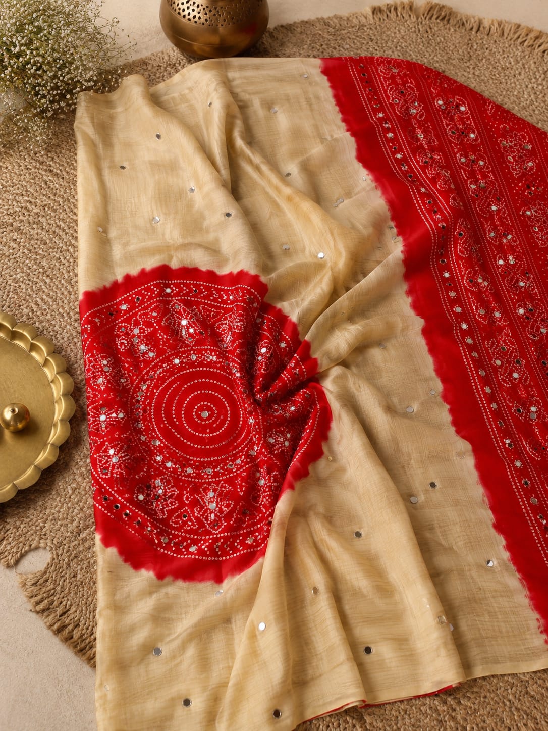 Gajji silk bhandini Style original mirror work saree