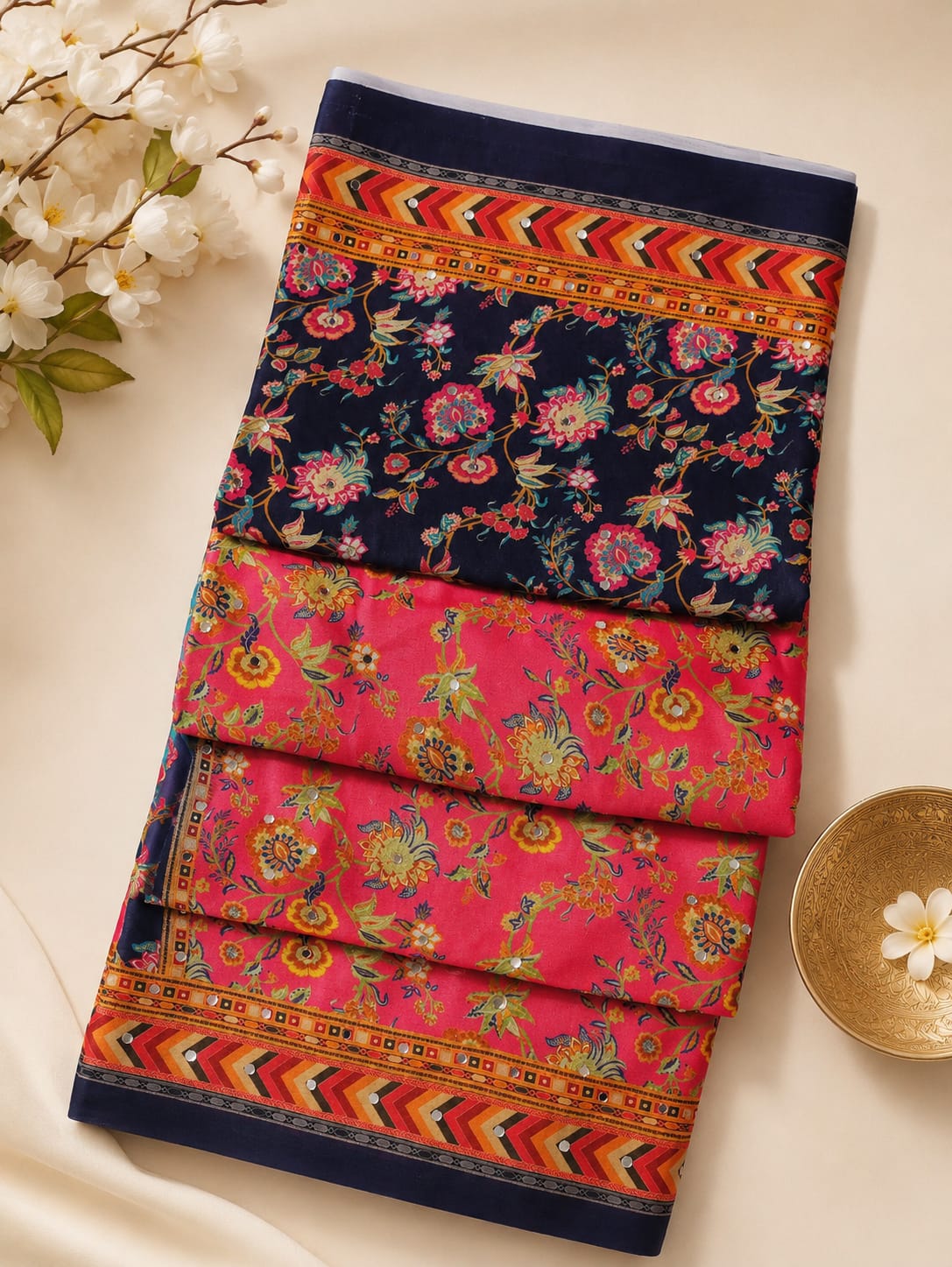 georgette digital print sarees with work &amp; original mirror work