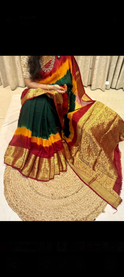 Kanjivaram 3D saree green and marron