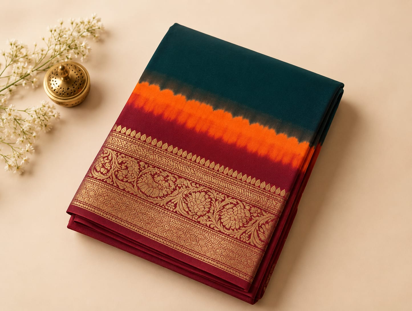 Kanjivaram 3D saree green and marron