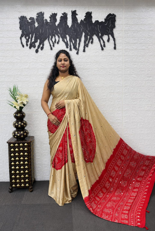 Gajji silk bhandini Style original mirror work saree