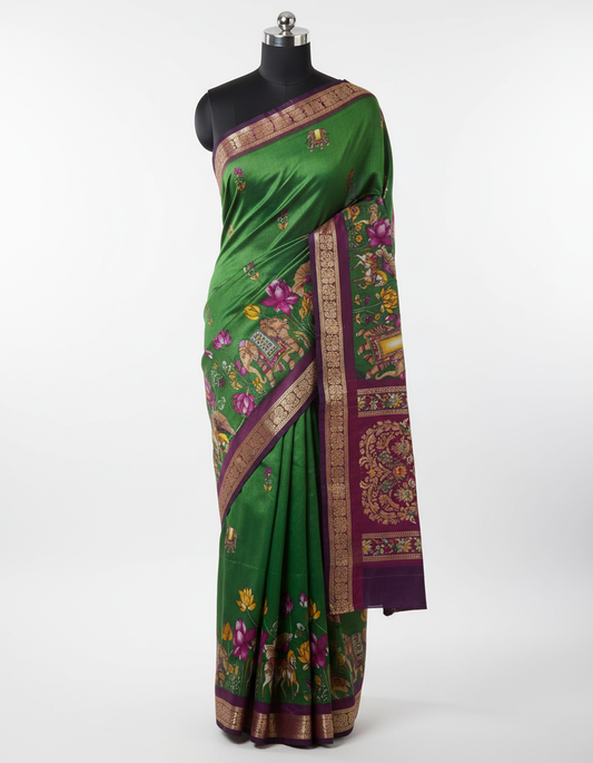 Green Saree with Vibrant Floral Print and Purple Border