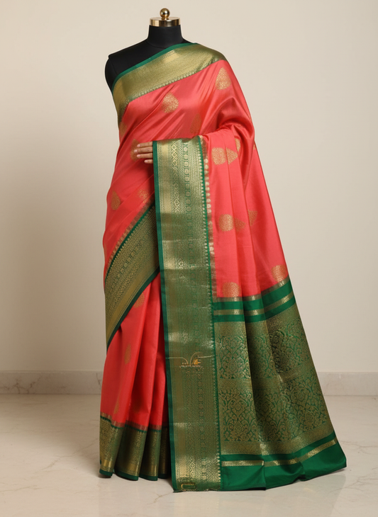 Coral light pink Silk Saree with Emerald Green Border and Gold Zari