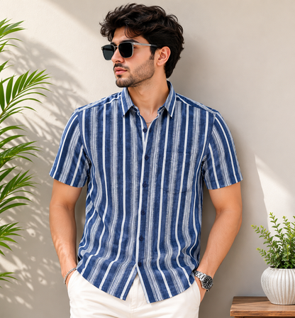 Navy Blue & White Bold Stripe Half Sleeve Men's Shirt
