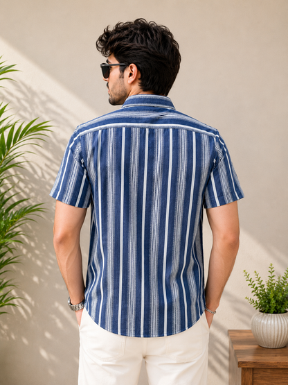 Navy Blue & White Bold Stripe Half Sleeve Men's Shirt