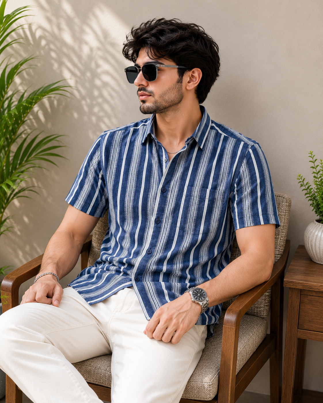 Navy Blue & White Bold Stripe Half Sleeve Men's Shirt