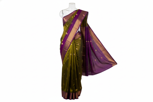 Olive Green Silk Saree with Purple Border on Mannequin