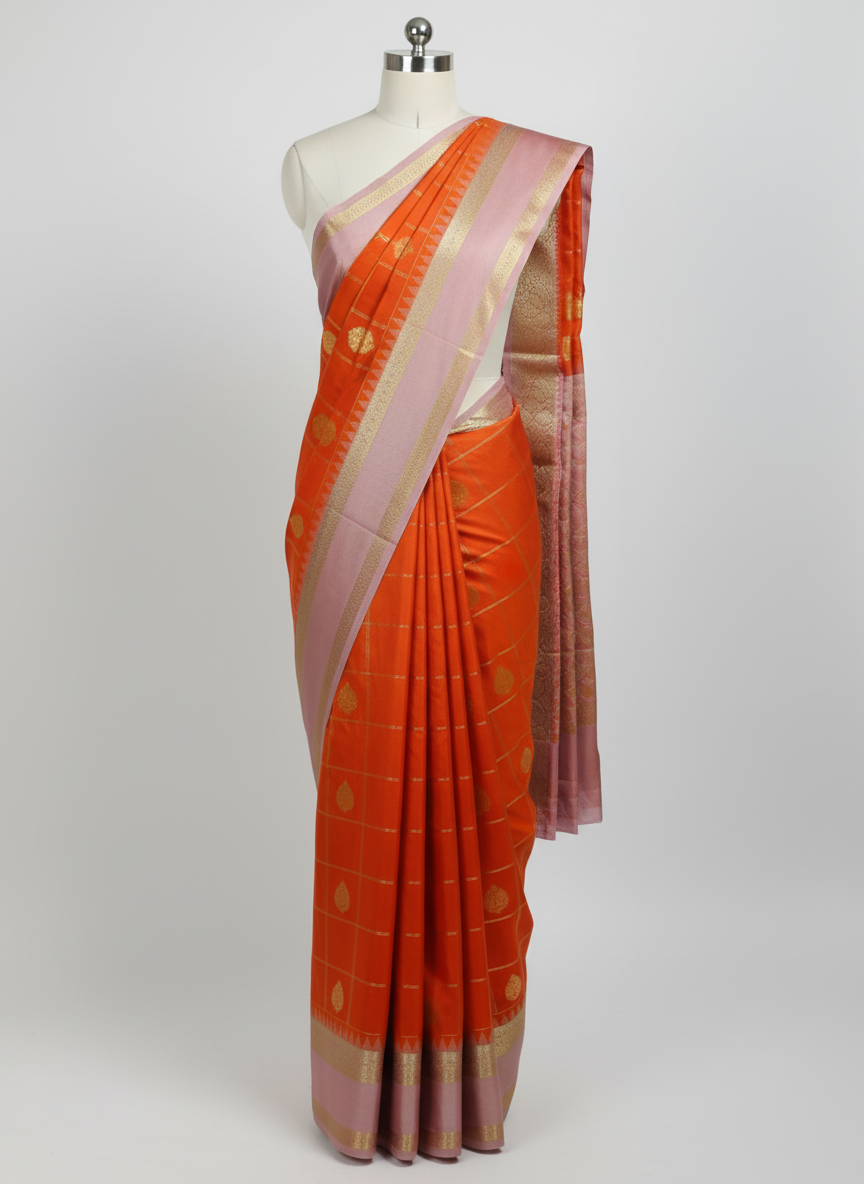 Orange Silk Saree with Pink Border on Mannequin