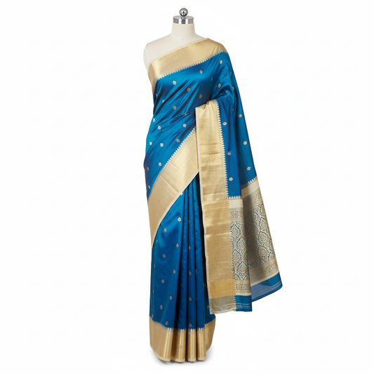 Peacock Blue Gap Border Silk Saree on Mannequin