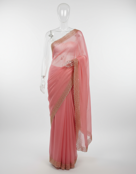 Elegant Pink Organza Saree with Golden Zari Border and Sequin Work