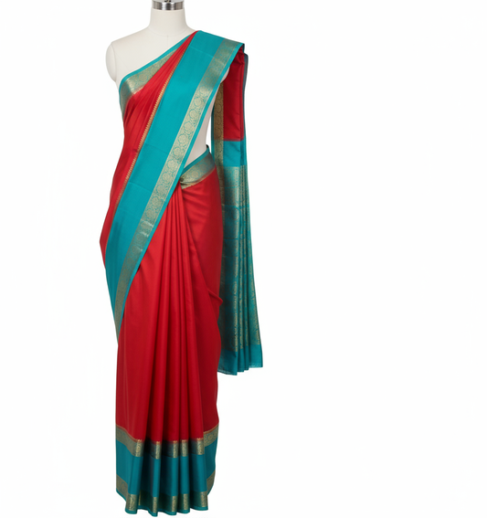 Red and Turquoise Saree Draped on Mannequin