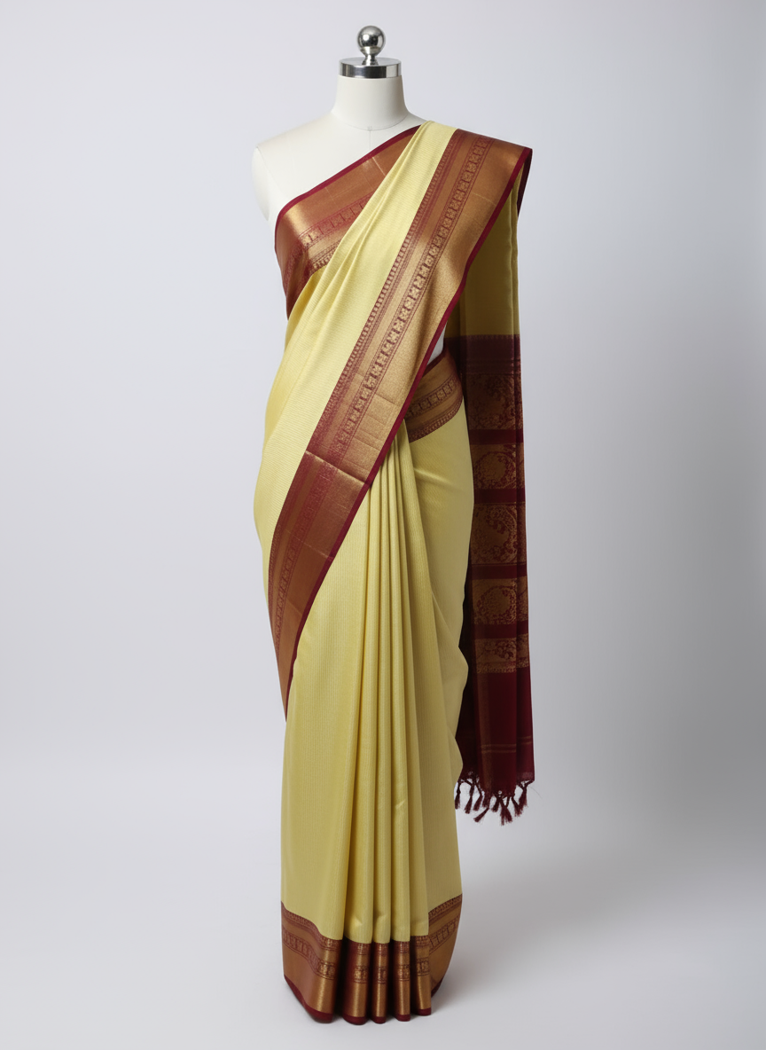 Silk Saree with Maroon Zari Border on Mannequin