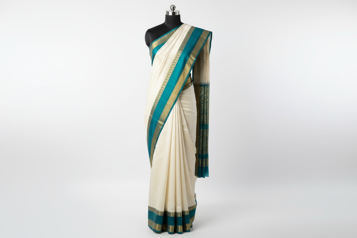 White Silk Saree with Gap Border on Mannequin